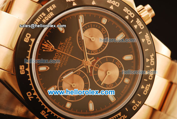 Rolex Daytona Chronograph Swiss Valjoux 7750 Automatic Rose Gold Case and Black Dial with PVD Bezel-Rose Gold Strap - Click Image to Close